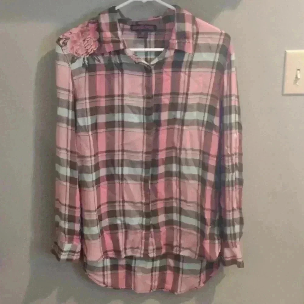 Rock&Roll Cowgirl pink rayon plaid long sleeve top women's medium